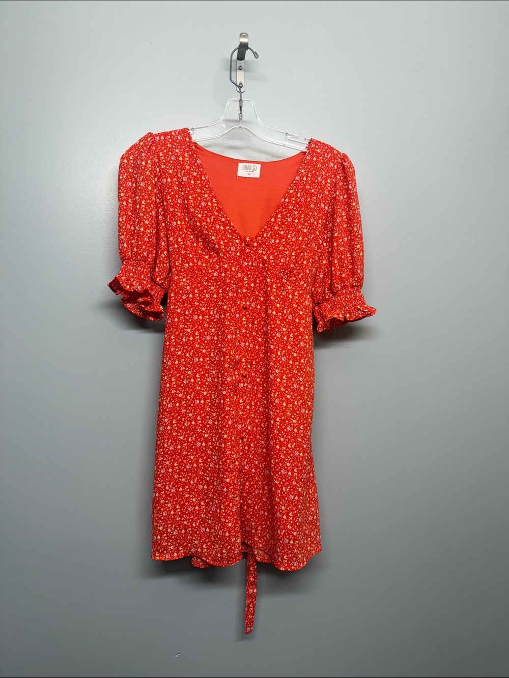 Sienna Sky Coral Orange Red Floral Pattern V-Neck Smocked Sleeve Mini Dress
